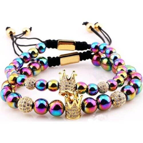 New Fashion Male Lady Jewelry Bracelet Rainbow Hematite Beads CZ Crown Charm Macrame Bracelet Men Women