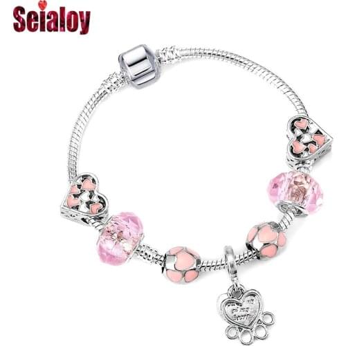 Seialoy Pink Heart Beaded Bear Paw Charm Bracelets For Women Girls Original Pink Crystal Beaded Bracelet Children Bangles Gift