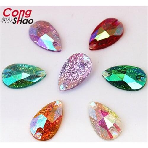 Cong Shao 100pcs 10*18mm Shiny AB Colorful Drop Flatback Resin Rhinestone Trim Crystals Sewing 2 Hole DIY Costume Button YB128