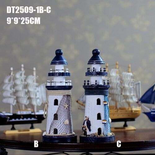 25CM Mediterranean Home Decor Nautical Wooden Sailing Ship Crafts Lighthouse Iron Wedding Decoration Nautical Decor Led Holder