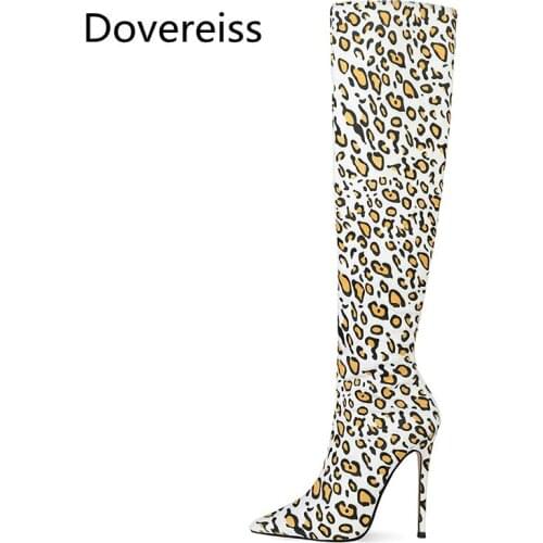 Dovereiss Fashion shoes for woman Winter Pointed Toe Leopard print Zipper Stilettos heels Knee high boots Elegant Mature 34-45