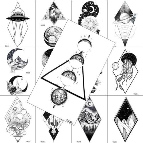 Geometric Planets Moon Strat Temporary Tattoos Fake Body Art Wasit Chest Tattoos For Adult Waterpoof Realistic Sheets Sticker