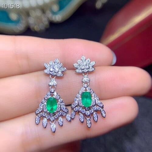 Emerald earring Free shipping Natural real emerald 925 sterling silver earrings 4*6mm 2pcs