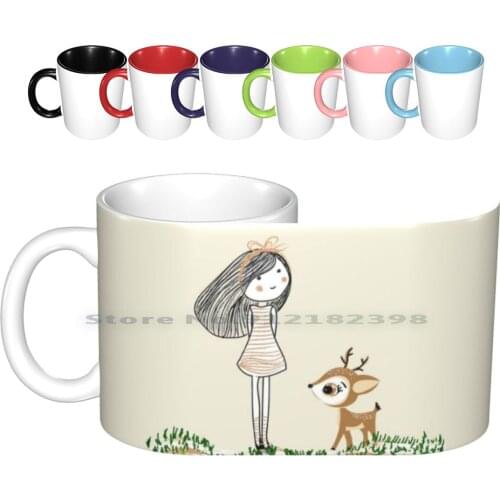 Cute Girl With Deer Ceramic Mugs Coffee Cups Milk Tea Mug Cute Adorable Happy Trendy Love Nature Colorful Trending Cool Girly