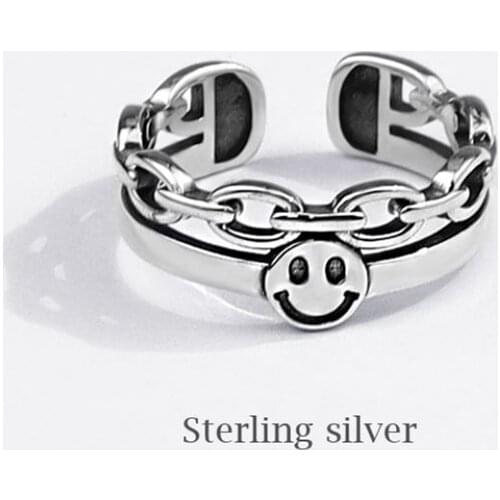 Season Gate 925 Sterling Silver Personality Trendy Thai Silver Smiley Face Multi-layer Adjustable Size Open Ring SR135