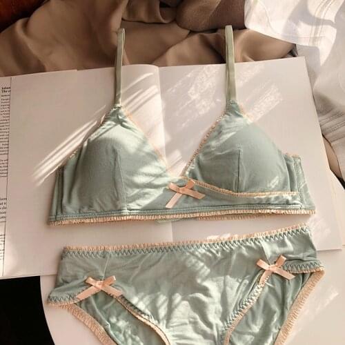 Retro cotton comfortable bra set with ruffles and contrast color thin triangle cup underwear suit women bowknot lingerie sets
