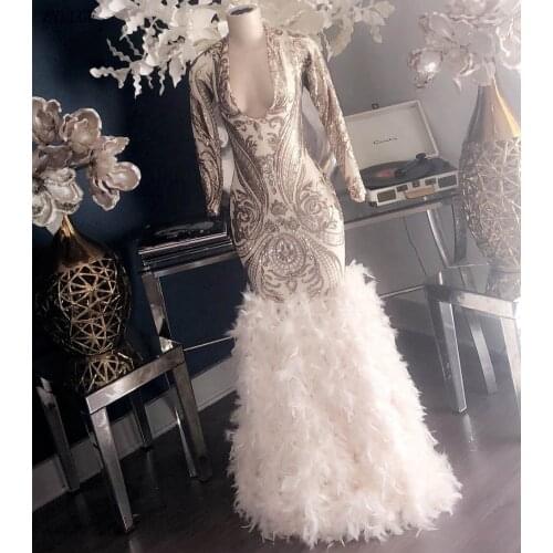 Beautifulinwhite Silver Sequined Feather Prom Dresses 2019 Long Sleeves V Neck Formal Dress Evening Gowns Sequined DP0466
