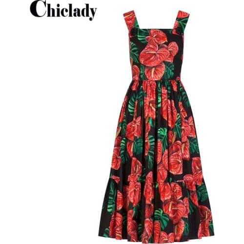 CHICLADY celebrity red floral printed summer beach dresses buttons party night spaghetti strap midi dress vestidos chic paris