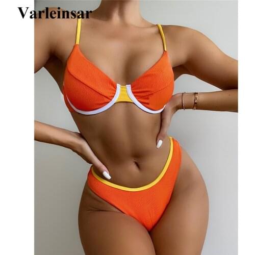 New Sexy Ribbed Underwired Bra Cup Bikini Women Swimwear Female Swimsuit Two-pieces Bikini set Bather Bathing Suit Swim V3158
