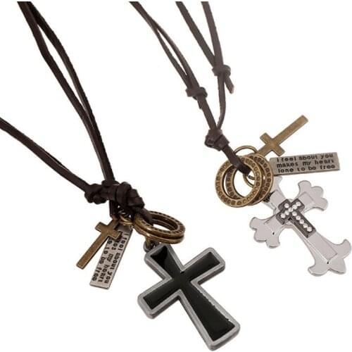 Fashion Black Pendant Cross Long Chain Necklace Retro Adjustable Genuine Leather Alloy Charm Women Men Vintage Punk Jewelry Gift