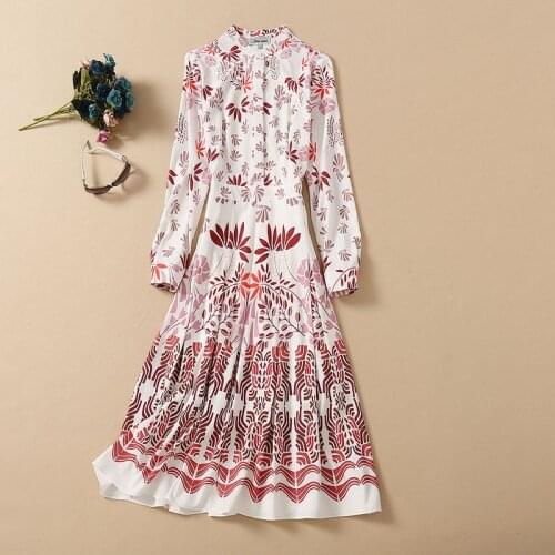 Dress Runway Fashion Shirt Sleeve Elegant Spring Autumn Leave Printed Office Ladies Party Holiday Long Dresses