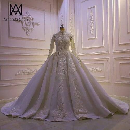 Bride Dress High Neck Long Sleeves Lace Appliqued Muslim Wedding Dress 2021