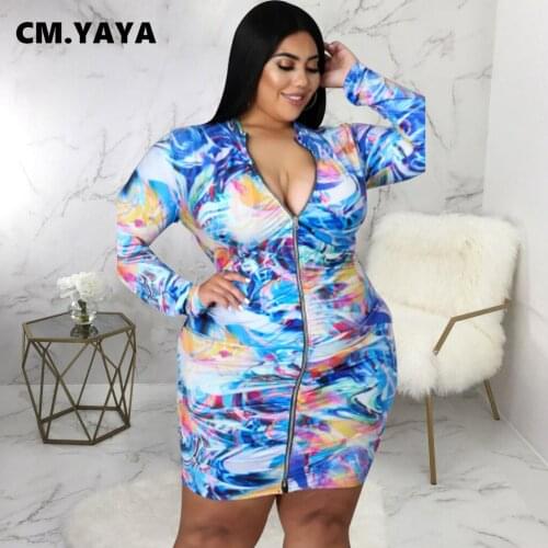 CM.YAYA Women Plus Size Dress Print Zipper Full Sleeve Stretchy Bodycon Above Knee Length Dresses Fashion Party Vestidos Fall