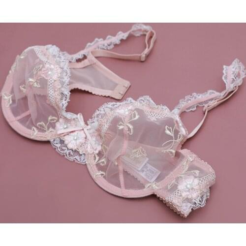 Pink Transparent Women Bras Underwear Set Plus Size C D Floral Lace Underwire Push Up Bra And Panties Sets Female Sexy Lingerie