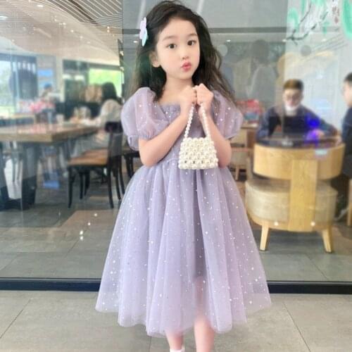Mesh Patchwork Dress with Sequin 2021 Fashion Summer Clothes Lantern Sleeve Mid-Calf Length Princess Dress Girls Dresses