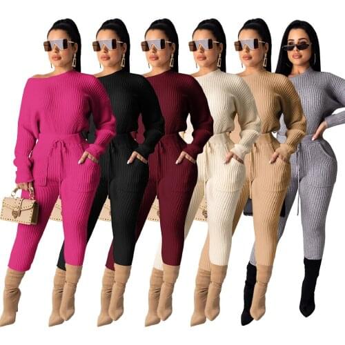 Streetwear Knitted Sweatsuit Womens Set Off Shoulder Long Sleeve Sweater Top Pencil Pants Active Ribbed Tracksuit Two Piece Set