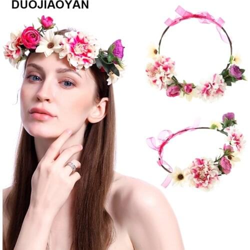 DUOJIAOYAN Wedding Flower Crown Forehead Hair Band Headband Pink Floral Head Wreath Garland Flower Bridal Garland