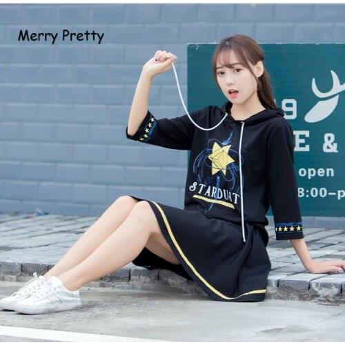 Merry Pretty Black Drawstring Hoodies And Pleated Mini Skirt Set Women Spring Autumn 2 Piece Set Female Sweet Two Piece Set