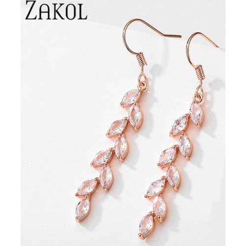ZAKOL White Color Cubic Zirconia Leaf Long Dangle Hook Earrings for Women Fashion Bridal Crystal Wedding Jewelry EP3088
