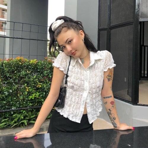 Sexy Short Lace Shirt White Turn-down Collar Short Sleeve Summer Blouse Women Fashion Fungus Single-breasted Slim Blusas Tops