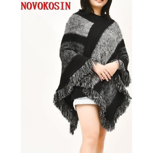 Women Capes Loose Striped Poncho 2020 Autumn Striped Knitted Outdoor Sun Protection Sweater Triangle Tassel V Neck Pullover Coat