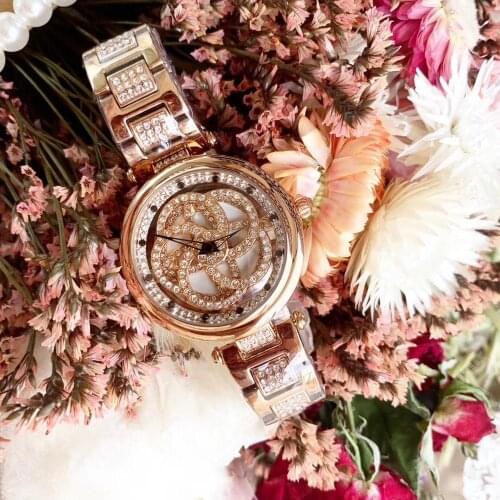 Classic GOOD LUCK Spinning Watches for Women Romantic Floral Wrist watch Full Steel Crystals Watch Rotating Waterproof Montre