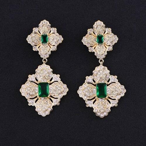 Jankelly fashion Gold-Color Green flower Shape Full Cubic Zirconia Earrings For Women Girls gift