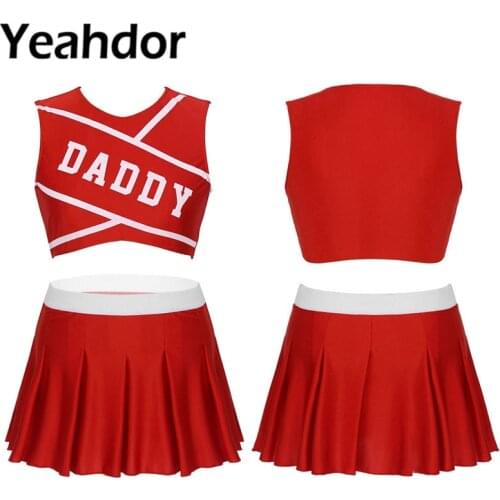 2Pcs Women Adult Charming Cheerleader Uniform Set Stage Cosplay Costume Round Neck Sleeveless Crop Top with Mini Pleated Skirt