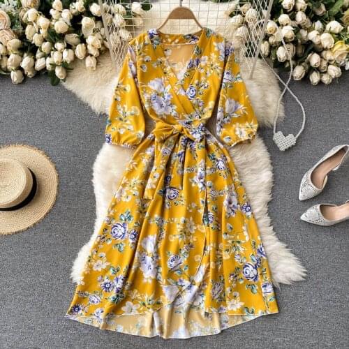 Teeuiear Vintage Boho v neck floral print Summer long Irregular Dress Women bandage high waist elegant tunic beach holiday dress