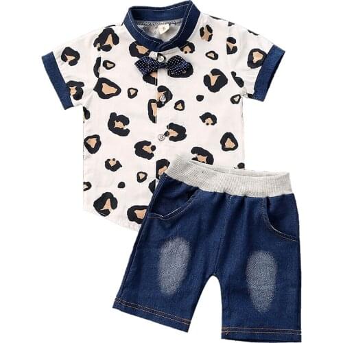 2020 Baby Summer Clothing Toddler Baby Boys Clothes Sets Leopard Print Bow Short Sleeve T Shirts Tops+Denim Shorts