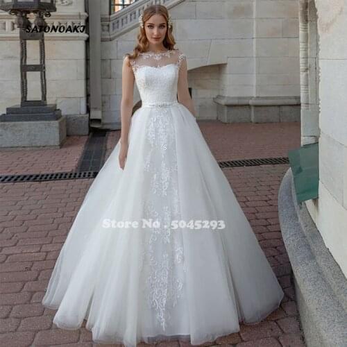 2021 Luxury A-Line Boho Weddding Dresses Illusion O-Neck Lace Appliques Beading Bridal Gowns Robe De Mariée Vestidos Sukienki