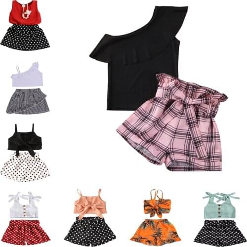 2020 Fashion Toddler Baby Girls Clothes Kids Summer One Shoulder Ruffles T Shirts Tops Plaid Print Bow Shorts Outfit Sets 2-7Y