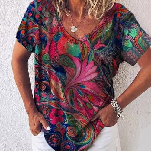 Women Vintage Tshirt Summer Casual V Neck Print Short Sleeves Tops Loose Soft Tshirt Fashion Woman T-shirts Camisetas De Mujer