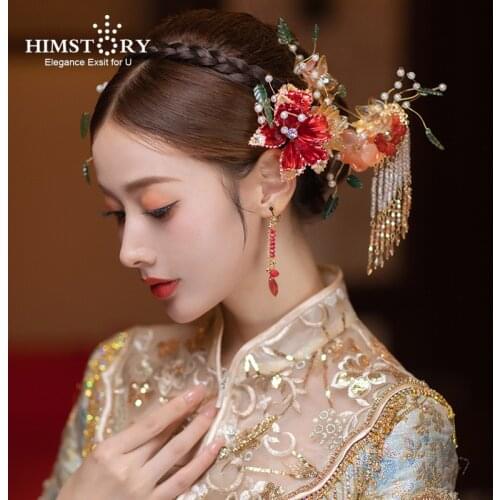 HIMSTORY Chinese Vintage Beaded Bridal Headdress Costume Luxury Hairpins Tassels Complete Set Wedding Jewelry Hair Accessories