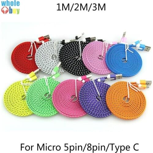 100pcs/lot 1M 2M 3M Flat Noodle Braided Fabric Nylon Micro 5pin 8pin Type C Data Sync Charging Cable for Nokia Iphone Sony