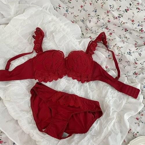 Wriufred Gather thick underwear set sexy lace no steel ring bra sweet sexy detachable double shoulder strap lingerie underpants