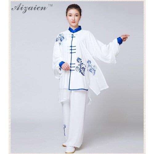 Long Sleeve Traditional Rayon Material Suit Chinese Kung Fu Clothing Tai Chi Uniform Spring Autumn Shirt Pants Women Embroidery