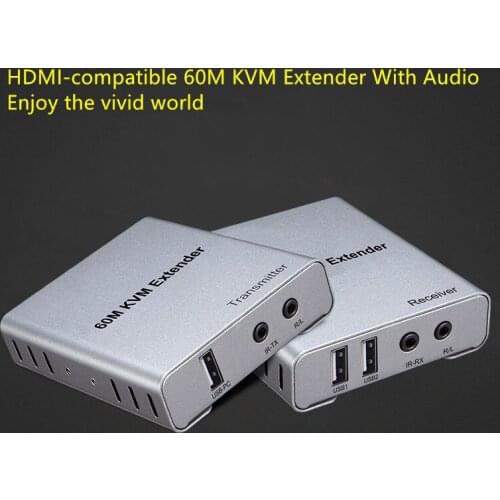 60M KVM Extender with Audio Transmitter Receiver Over Cat5e/Cat6 Cable Support 1080p 60Hz With IR transmitter cable For PC