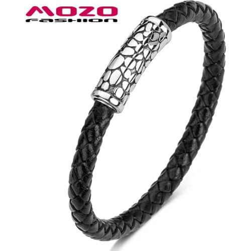 MOZO FASHION Classic Men Bangles Black Genuine Leather Rope Braided Charm Bracelet Simple Style Crack Women Jewelry