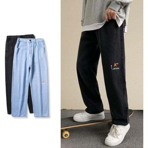 2021 Autumn New Mens Baggy Jeans Fashion Straight Denim Wide-leg Pants Black Light Blue Ins Casual Trousers Streetwear Male