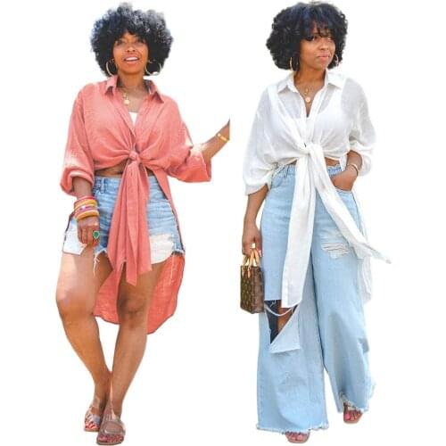 Long Sleeve Tie Front Solid Shirt Elegant Dip Hem Blouse Tops White Orange Shirts Womens Blouse Autumn Side High Split Tunic