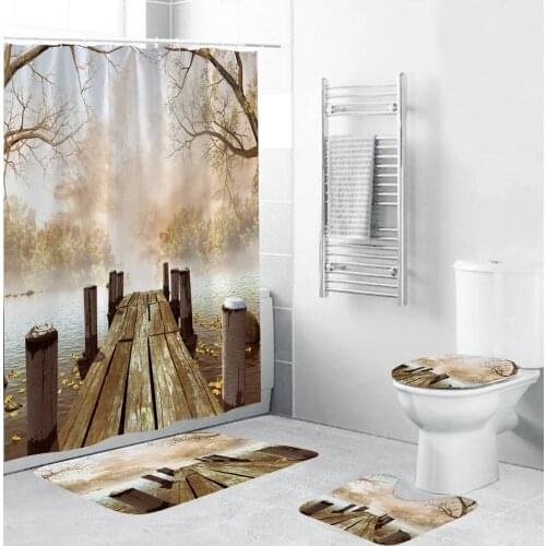 Autumn Scenery Fabric Shower Curtain Lakeshore Small Bridge Bath Mats Toilet Lid Cover Anti-slip Carpet Bathroom Curtains Set