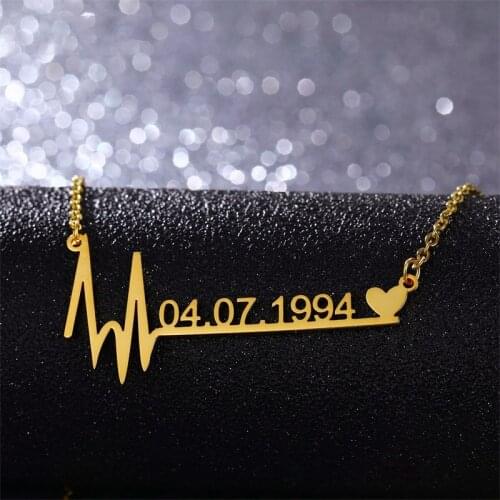 Gold Plated Heartbeat Pendant Necklace Personalized Custom Birth Date Number Stainless Steel Choker with Heart Jewelry Necklaces