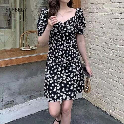 SLPBELY Summer Daisy Floral Dress Women Sexy French Dress Slash Neck Puff Sleeve Dress Chic Party Dress Trendy Vestido Sundress