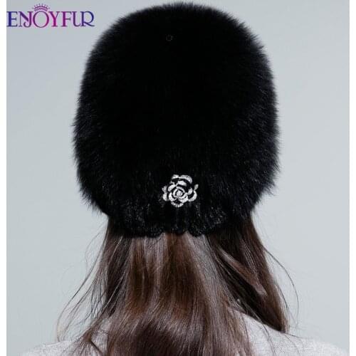 ENJOYFUR winter women real mink fur hats hand sewn natural mink fur with top fluffy fox fur caps fashion rhinestone rose beanies