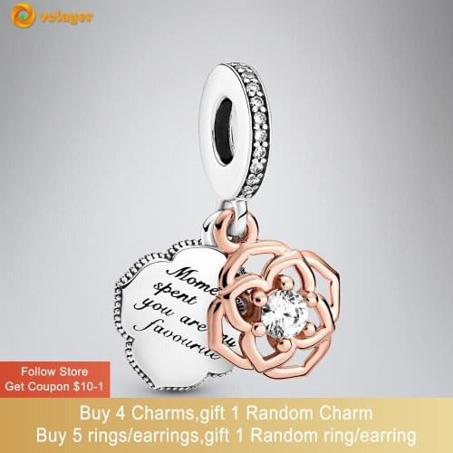Volayer 925 Sterling Silver Two-tone Rose Dangle Charm fit Original Pandora Bracelets for Women DIY Jewelry
