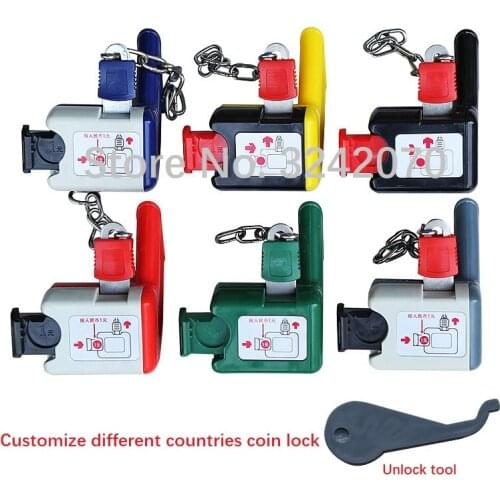 Customized Multi-Country Coin Lock Supermarket Shopping Cart Plastic Lock Zinc Alloy Lock Chain Length 20CM