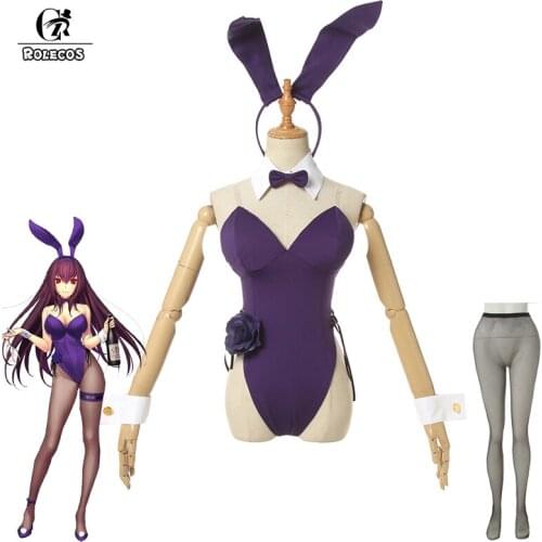 ROLECOS Game Fgo Fate Grand Order Cosplay Scathach Sexy Purple Jumpsuits Bunny Girl Cosplay Costume Stocking Halloween Women Set