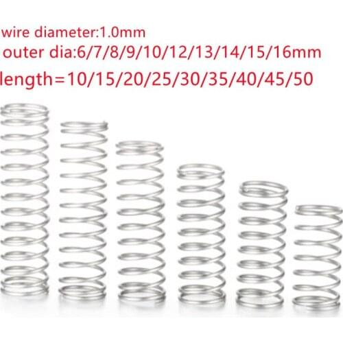 10pcs/lot 1.0mm Stainless Steel Micro Small Compression spring OD 8mm/10mm/12mm length 15mm to 50mm