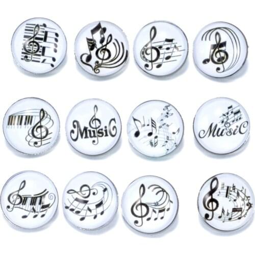 12pcs/lot Black Music Symbol Pattern Charms 18mm Glass Snap Button For DIY Charms Bracelet 18mm Snaps Jewelry KZ0176